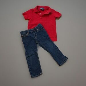 Polo Ralph Lauren Toddler Boy's Red Polo Shirt & Denim Jeans Outfit Set 2T